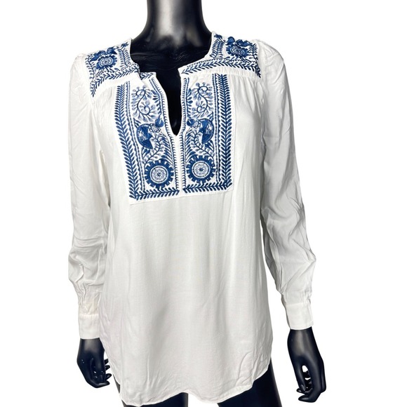 Saint Tropez West Tops - Saint Tropez West Embroidered Blouse Top White Blue Long Sleeve Boho Medium